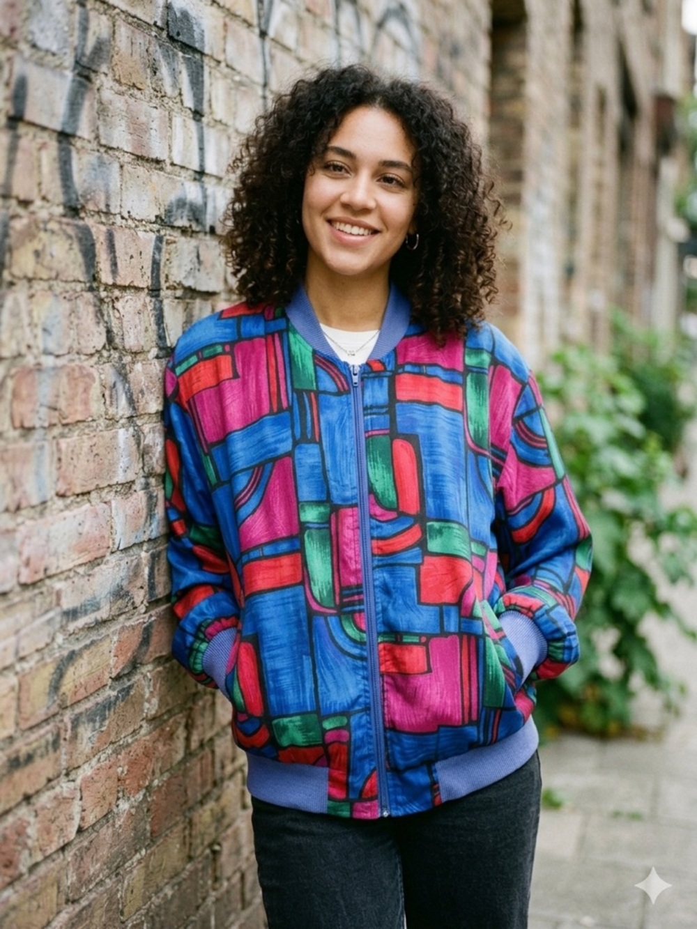 Vintage Teddi Geometric Colorblock Bomber Jacket Blue Pink Green Size L/XL